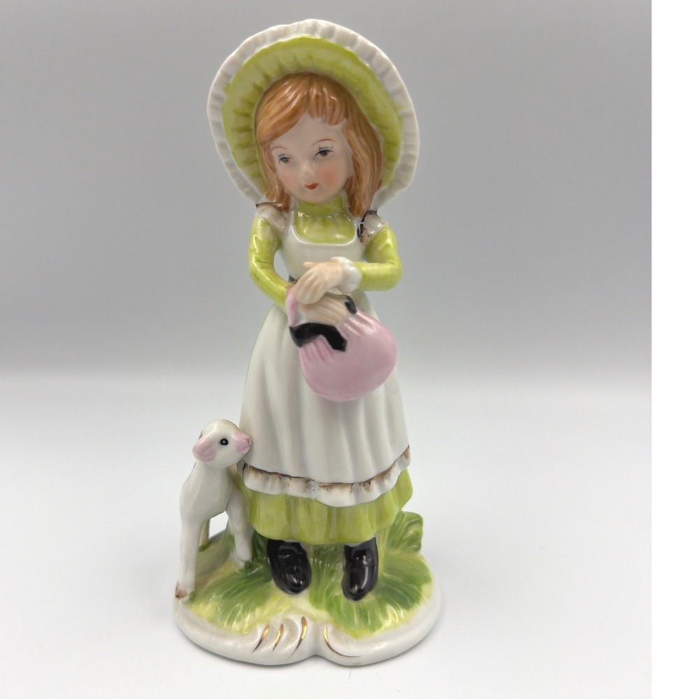 Vintage Porcelain Girl with Lamb Figurine Green Dress Sun Hat Made in Korea 7"